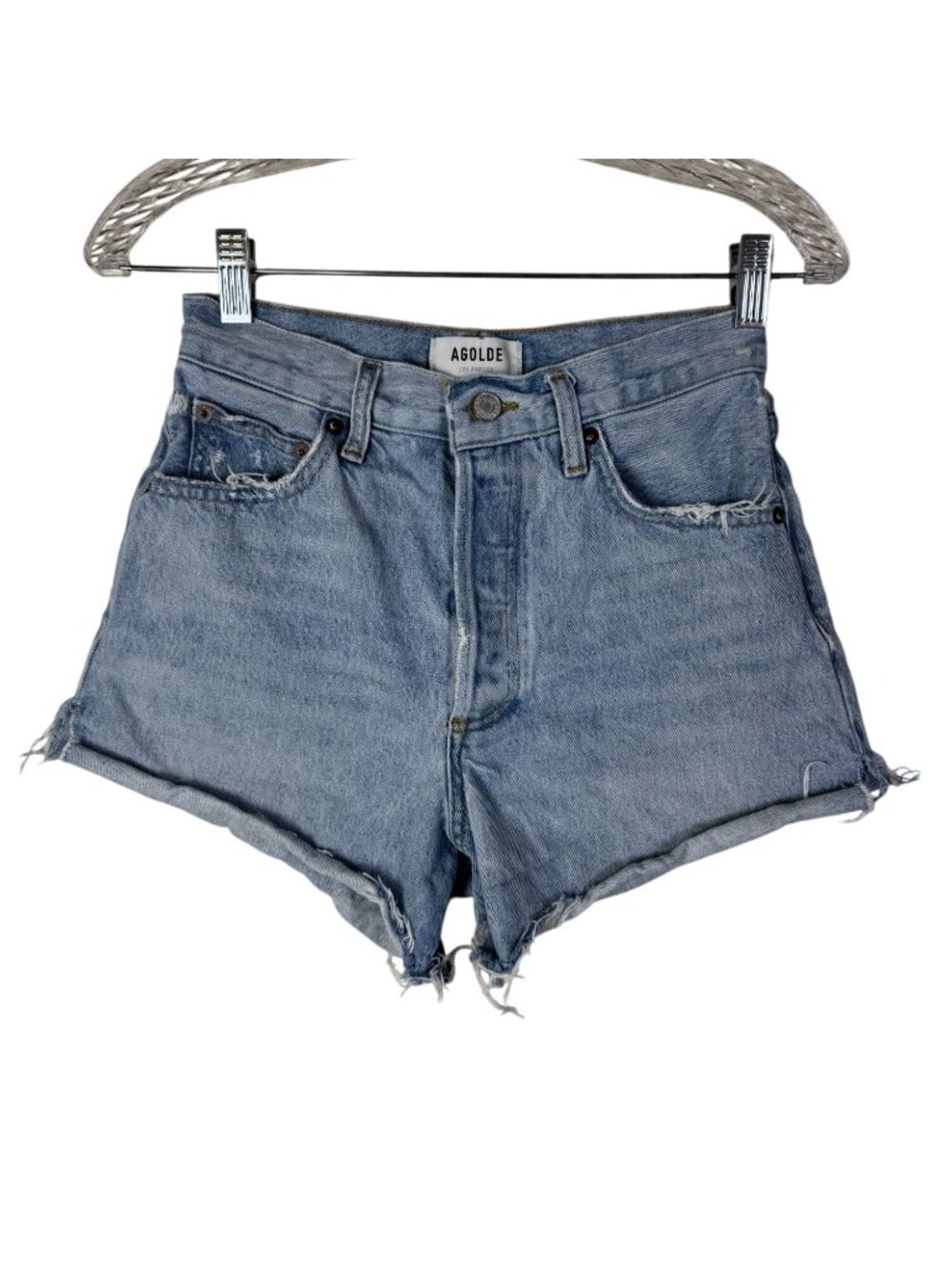 Agolde Dee High Rise Distressed Denim Jean Shorts Size 25 Button Fly Light Wash